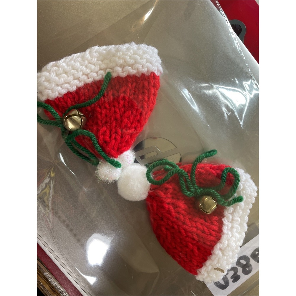 Vintage Knitted Pair Of Santa Stocking Hats Pom Pom Jingle Bell Ornament Decorat